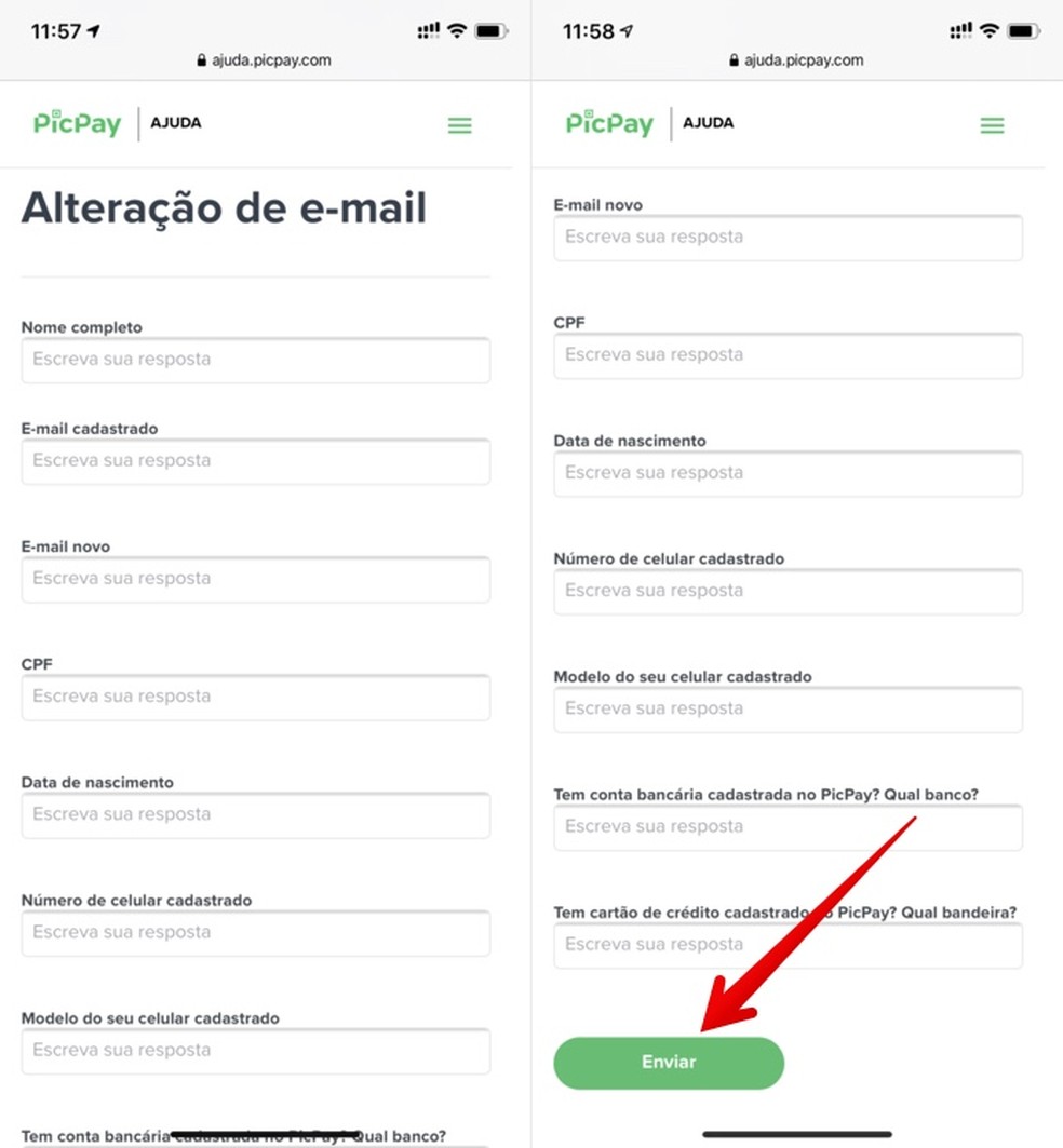 Alterando e-mail no PicPay — Foto: Reprodução/Helito Beggiora