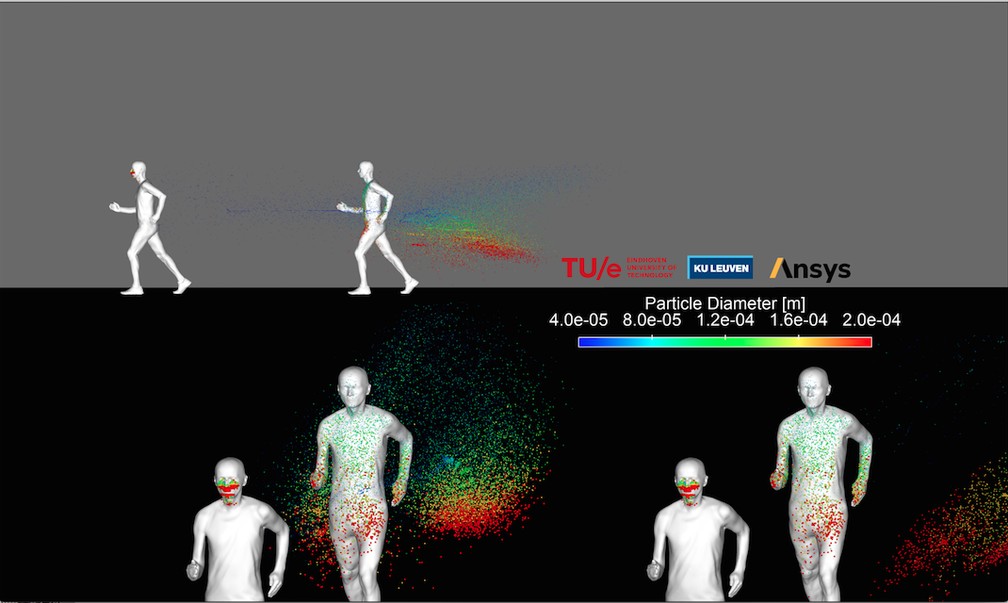Imagem mostra como as gotículas de saliva se espalham atrás de uma pessoa que corre a 14,4km/h e podem infectar alguém que vem logo atrás se a pessoa estiver contaminada com a Covid-19. — Foto: Universidade de Tecnologia de Eindhoven