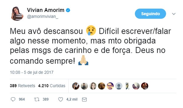 Vivian Amorim lamenta a morte do avô (Foto: Reprodução/Twitter)