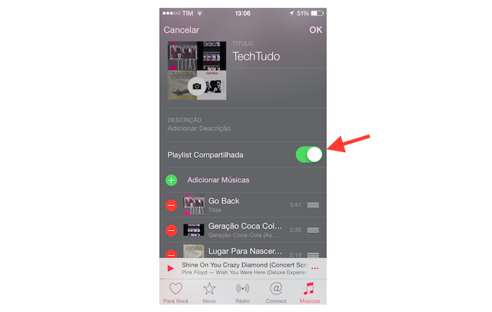 Ativando ou desativando o compartilhamento de uma playlist da Apple Music no iPhone (Foto: Reprodução/Marvin Costa)