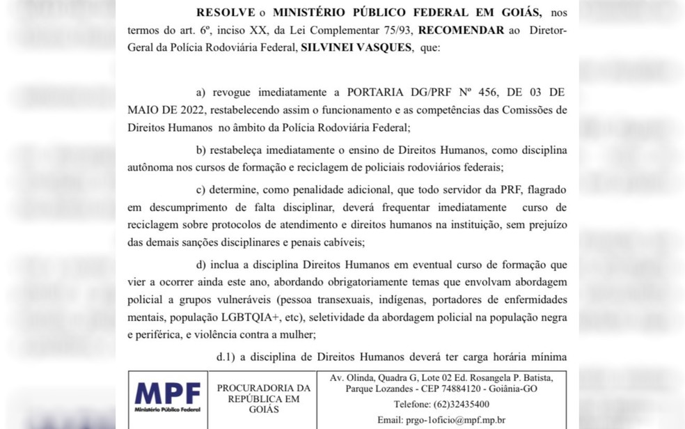 MPF recomenda que PRF retome comissão de Direitos Humanos — Foto: Divulgação/MPF-GO