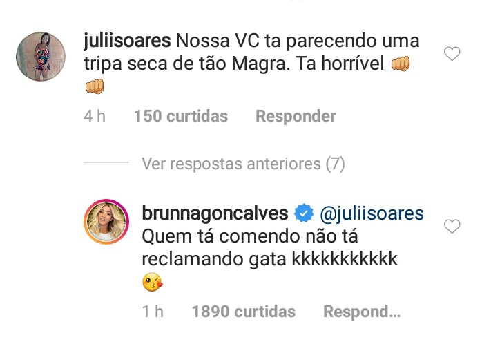 Brunna Gonçalves rebate seguidora (Foto: Reprodução / Instagram)