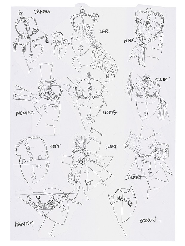 Stephen's hand-drawn sketches for initial crown ideas for Comme des Garçons Spring/Summer 2006 (Foto: COURTESY OF STEPHEN JONES)