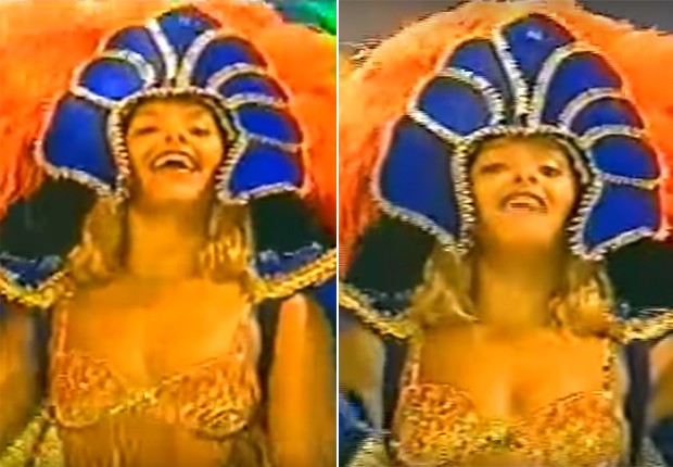 Bianca Rinaldi foi rainha de bateria da Acadêmicos da Ropcinha no Carnaval de 1997 (Foto: Reprodução/TV Globo)