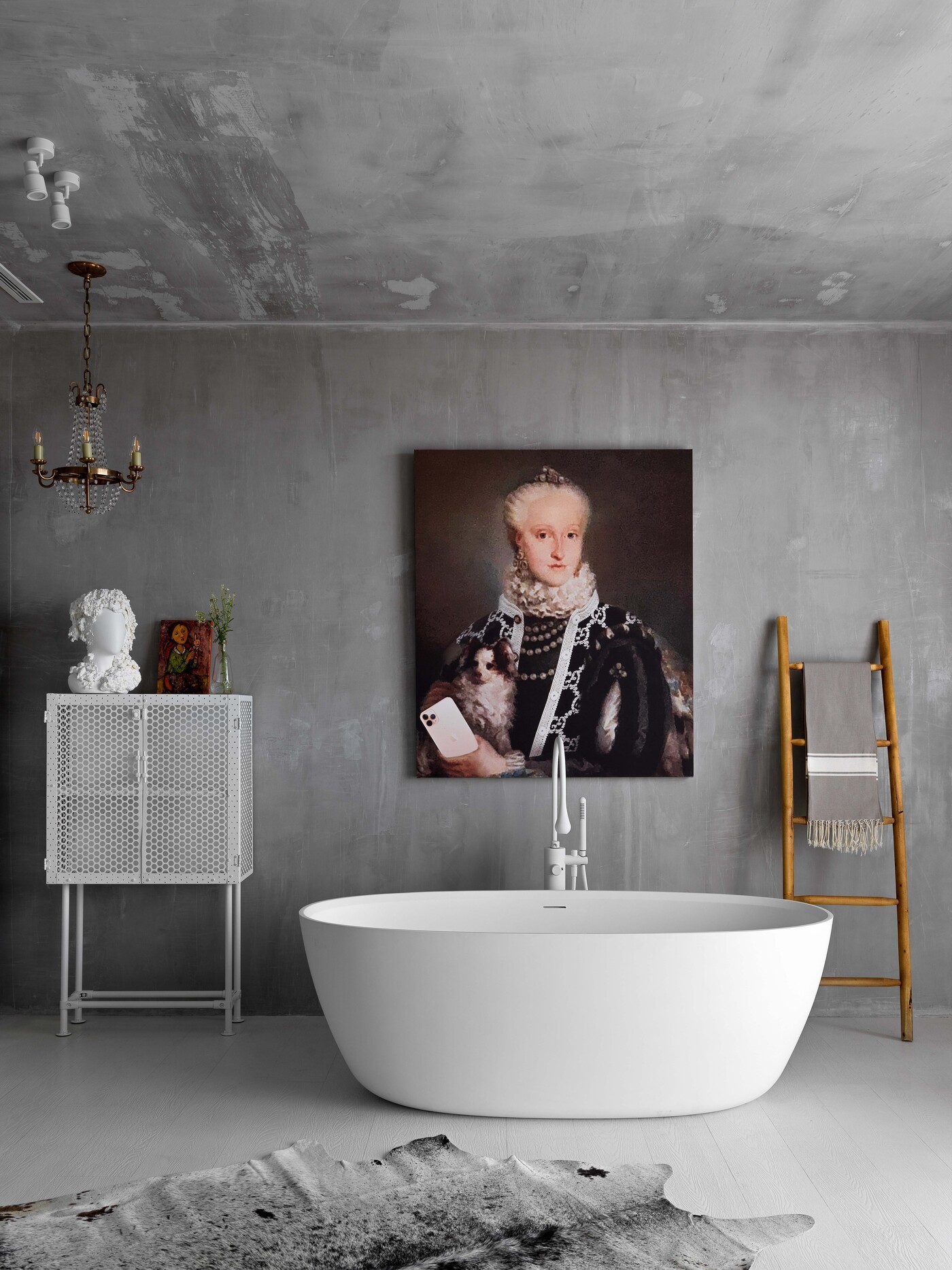 Décor do dia: banheiro com banheira tem paredes rústicas e base neutra (Foto: Sergey Krasyuk)