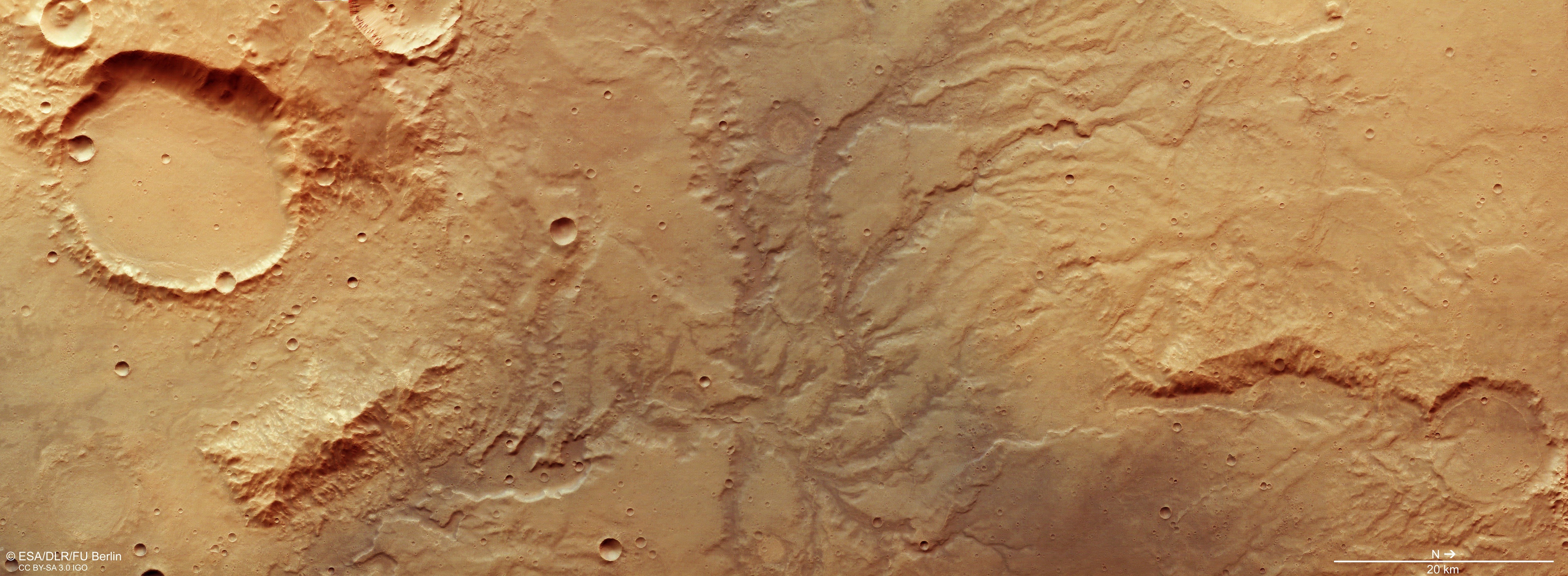 Imagem da sonda Mars Express da ESA mostra uma rede de vales secos em Marte (Foto: ESA/DLR/FU Berlin - CC BY-SA 3.0 )