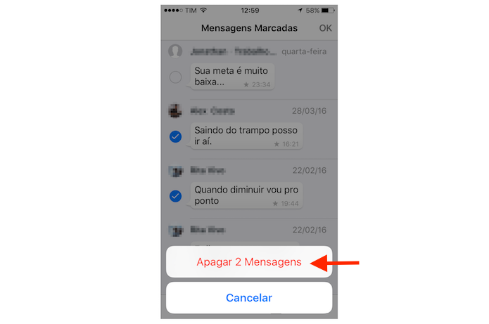 Deletando mensagens com estrelas do WhatsApp para iPhone (Foto: Reprodução/Marvin Costa)