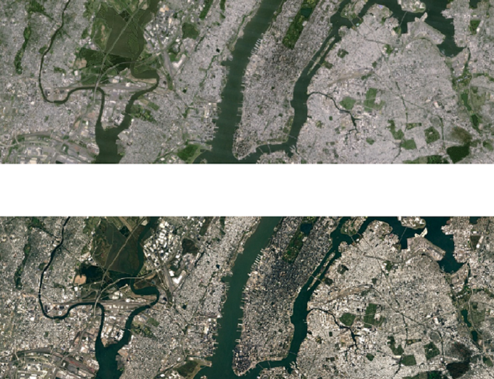 Comparação entre o mapa anterior e o mais nítido em Nova York, nos Estados Unidos (Foto: Divulgação/Google)