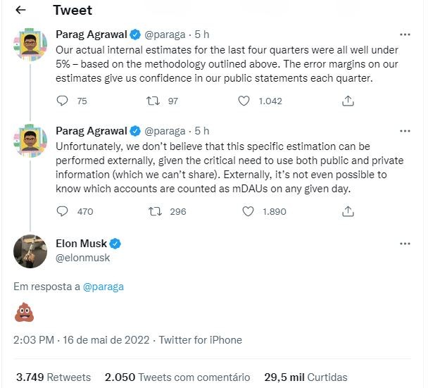 Elon Musk ironiza mensagens de executivo no Twitter (Foto: Reprodução / Twitter)