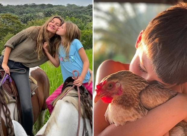Gisele Bundchen e a filha, Vivian, cavalgam em meio à natureza; o filho da modelo, Benjamin, abraçado com uma galinha (Foto: Instagram/@gisele/Reprodução)