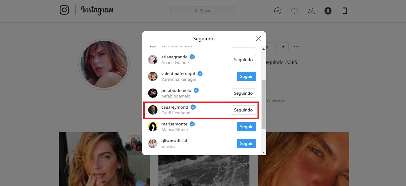 Mariana Goldfarb também passou a seguir o ex, Cauã Reymond (Foto: Reprodução / Instagram)