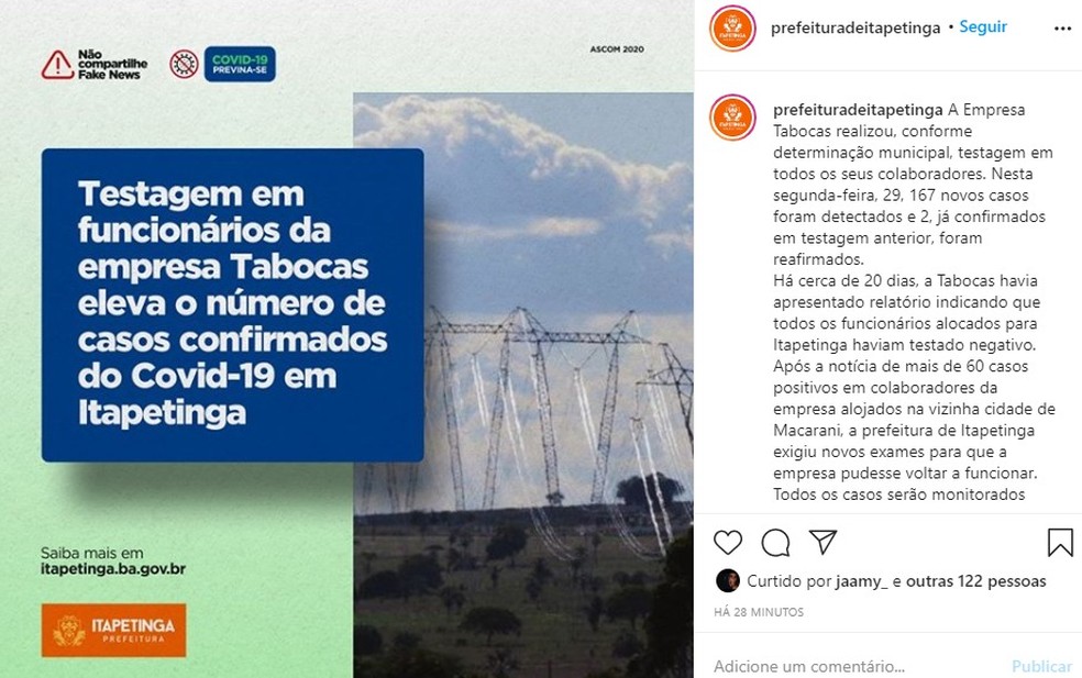 Mais de 160 funcionários de uma empresa em Itapetinga, na Bahia, testaram positivo pra o Covid-19 — Foto: Reprodução/ Instagram