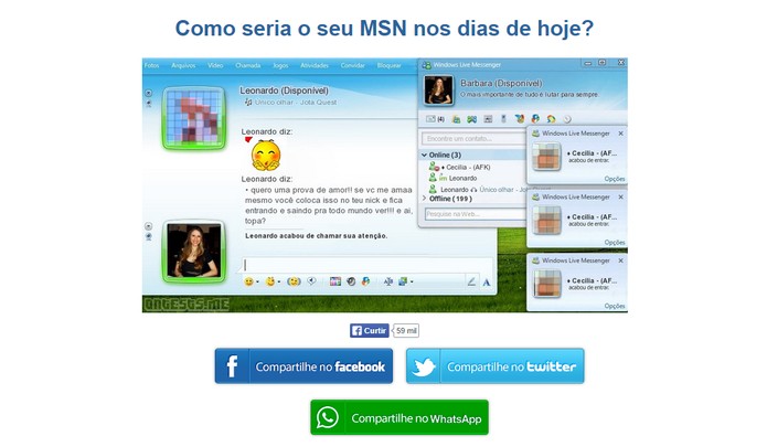Visual mostra nickname, mensagem de um dos contatos do Facebook e mais detalhes divertidos do suposto MSN (Foto: Reprodu