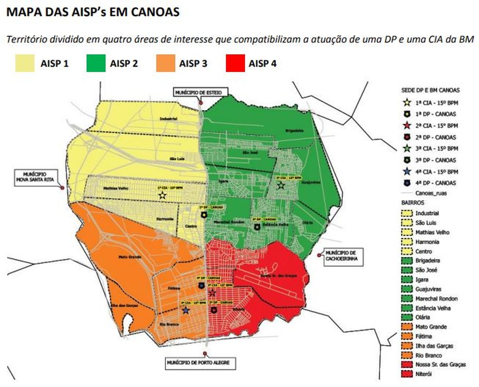 Mapa das AISP’s em Canoas — Foto: Reprodução