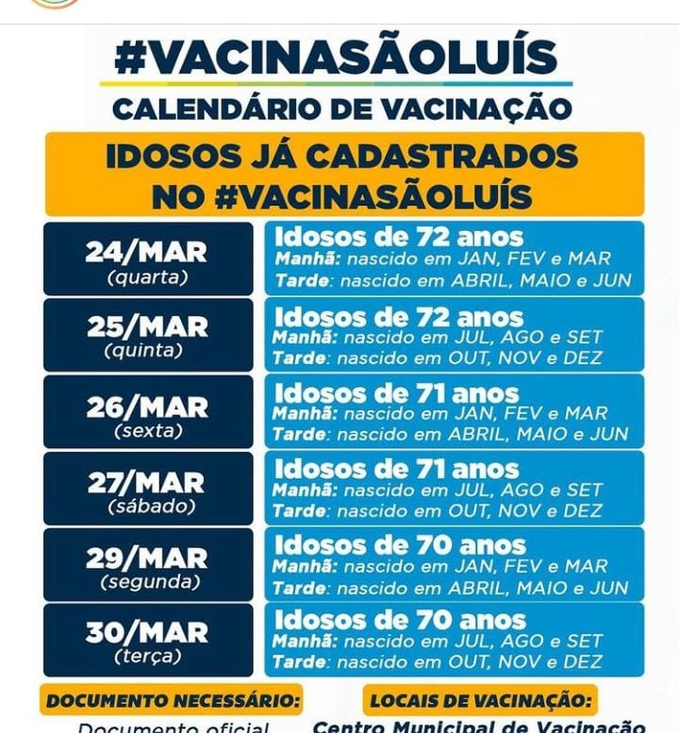 SEMUS divulga novo calendário de vacinação para idosos em São Luís — Foto: Divulgação/Prefeitura de São Luís