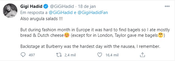 Tweet de Gigi Hadid (Foto: Reprodução)