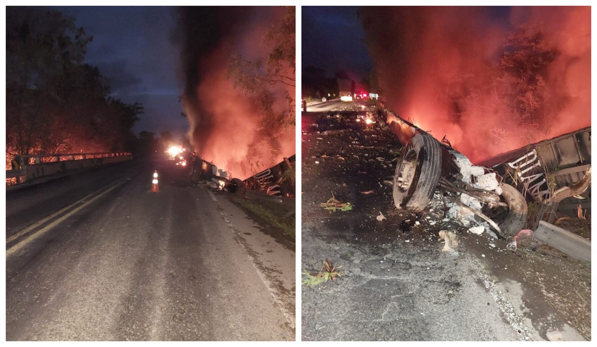 Motorista sai ileso após carreta bater em ponte e pegar fogo na BR-251; FOTOS