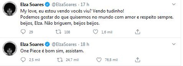 Elza Soares fala de animes em seu Twitter (Foto: Reprodução / Twitter)