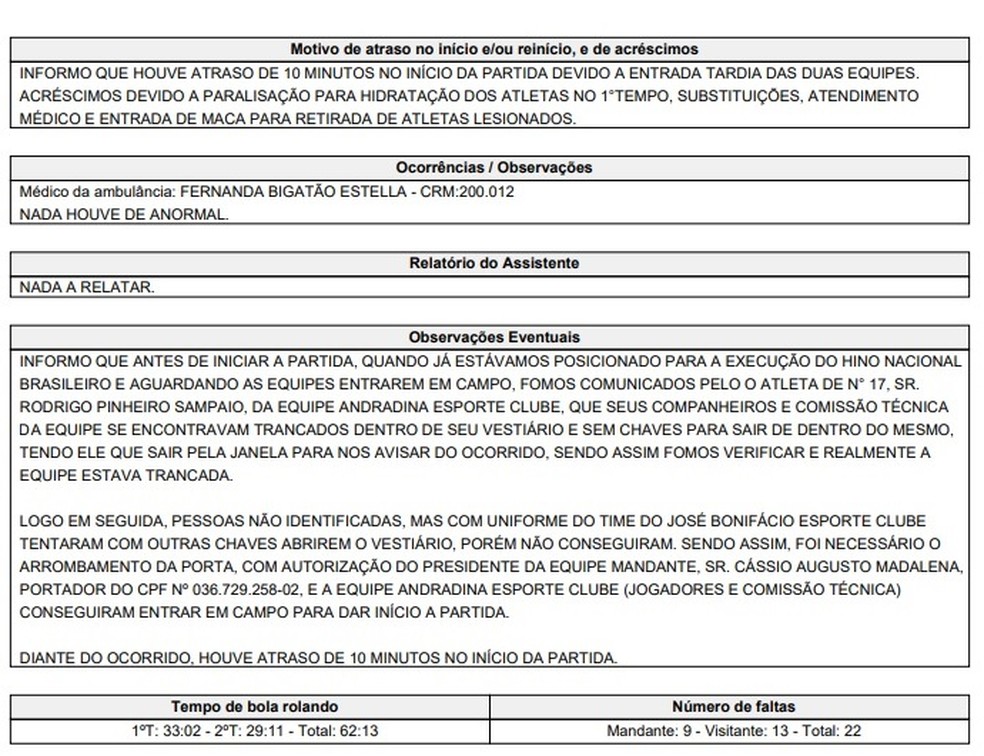 Árbitro relata na súmula confusão antes do início da partida pela Segundona  — Foto: Reprodução/FPF
