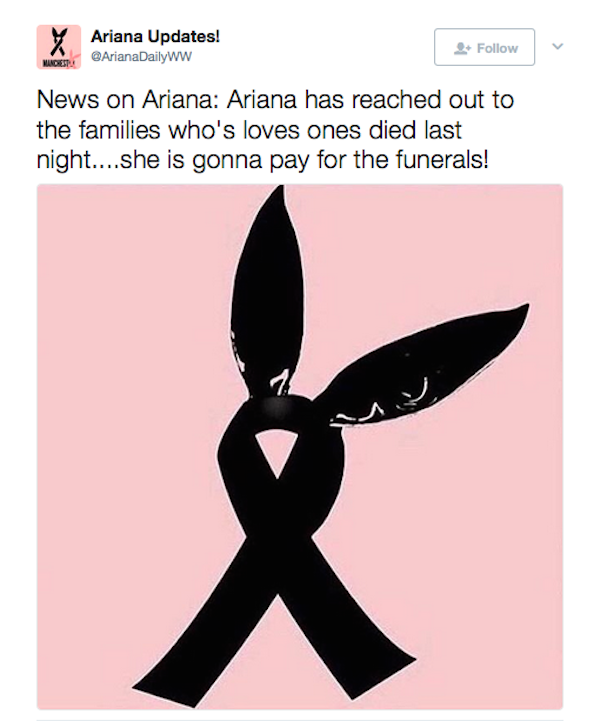 A mensagem informando que a cantora Ariana Grande vai pagar pelo funeral das vítimas do atentado ocorrido em seu show em Manchester (Foto: Twitter)