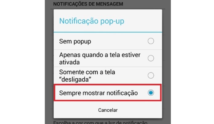 Configurando para sempre mostrar notificações pop-up no WhatsApp (Foto: Reprodução/Lívia Dâmaso) (Foto: Configurando para sempre mostrar notificações pop-up no WhatsApp (Foto: Reprodução/Lívia Dâmaso))