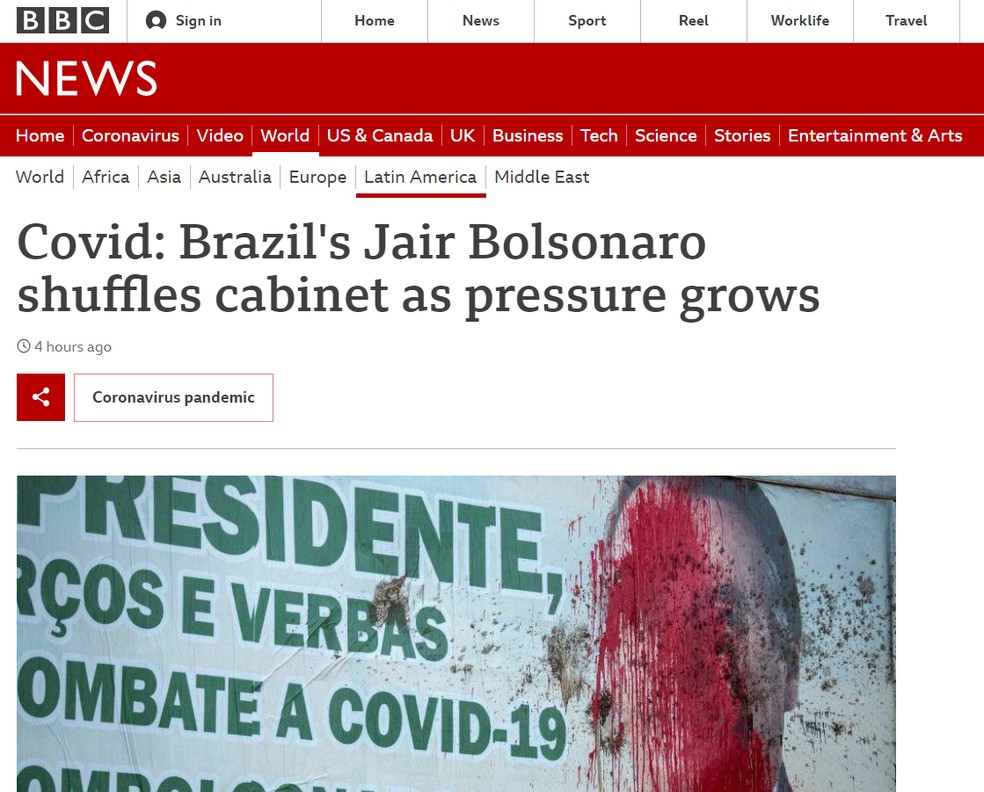 BBC: imprensa internacional noticia reforma ministerial de Bolsonaro — Foto: Reprodução/BBC