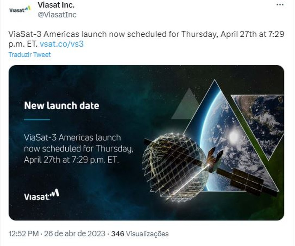Lançamento do ViaSat-3 Americas tem nova data de agendamento para o dia 27 de abril — Foto: Reprodução/ Twitter 