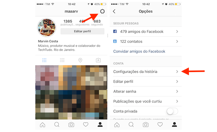 Acessando as configurações das histórias no perfil de usuário do Instagram (Foto: Reprodução/Marvin Costa)