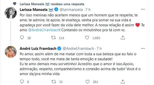 Tweets de Larissa Manoela e André Luiz Frambach (Foto: Reprodução/Twitter)