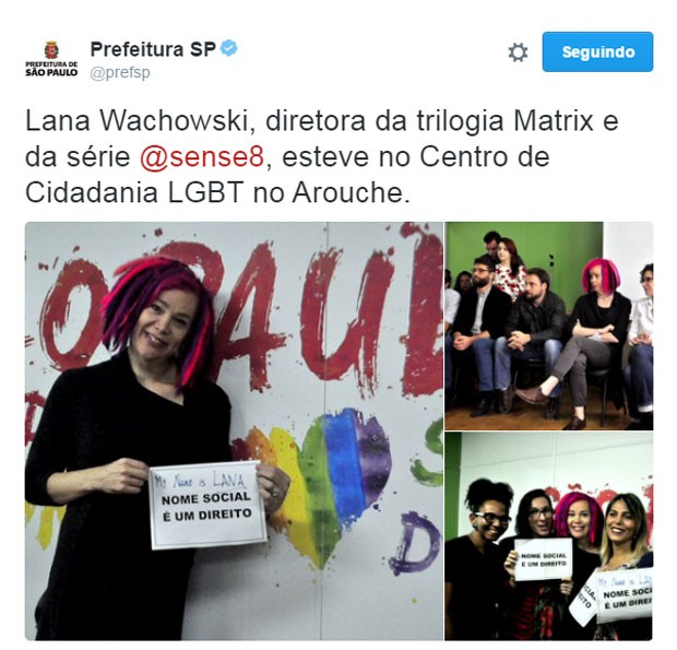 A cineasta americana Lana Wachwski, diretora da trilogia 'Matrix' e da série 'Sense', durante visita ao Centro de Cidadania LGBT em São Paulo nesta sexta-feira (27) (Foto: Reprodução/Twitter/prefsp)