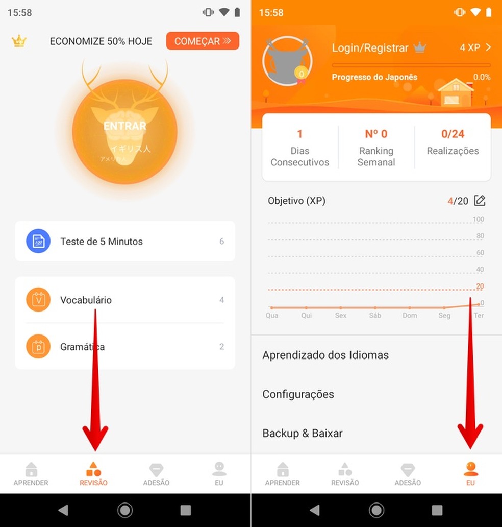 É possível fazer testes após a aula; japonês está entre os idiomas do app — Foto: Reprodução/Helito Beggiora