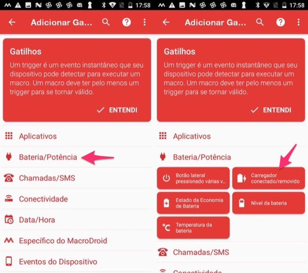 Ação para selecionar a opção de carregador em gatilhos do app MacroDroid — Foto: Reprodução/Marvin Costa