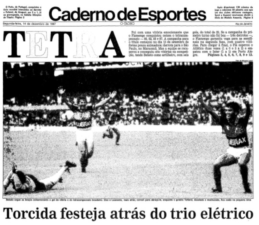 Capa do caderno de esportes do jornal O Globo noticiou o título do Flamengo em 87 — Foto: Reprodução