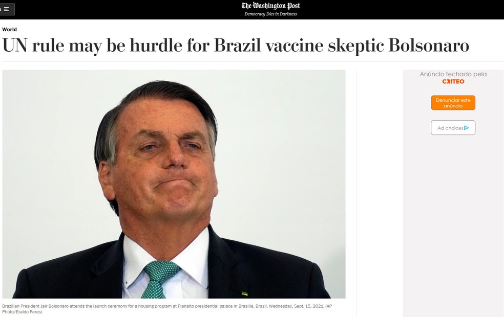 Reprodução da reportagem do 'Washington Post' sobre a participação de Bolsonaro na Assembleia Geral da ONU, mesmo sem ter tomado a vacina — Foto: Reprodução/Washington Post