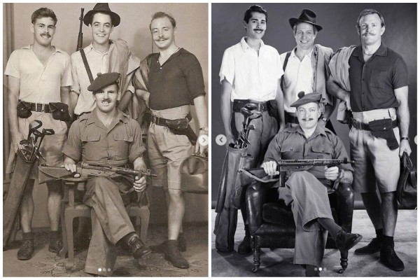 O diretor Guy Ritchie e o ator Hugh Grant recriaram foto de seus pais que estavam no mesmo regimento militar há 65 anos (Foto: Instagram)