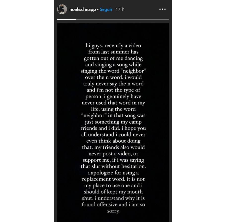 Noah Schnapp explicou no Instagram que ele não usou termo racista ao cantar música em um vídeo viral (Foto: Reprodução / Instagram)