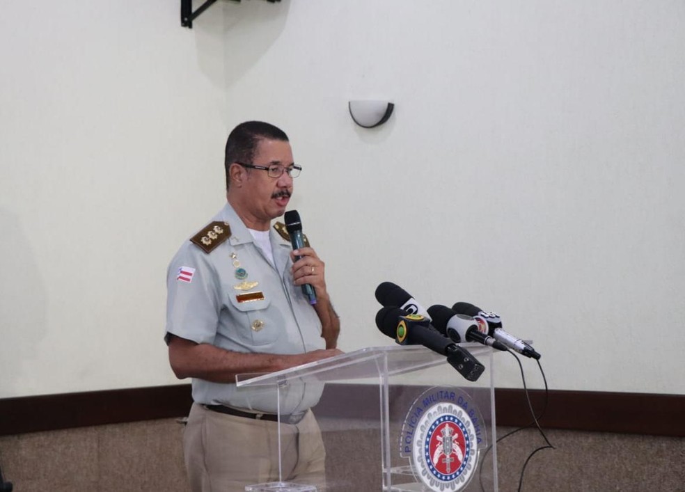O corregedor-geral da PM-BA, o coronel Barbosa Neto, em coletiva de imprensa realizada no Quartel do Comando Geral da PM-BA , nos Largo dos Aflitos (Foto: DCS/PM-BA)
