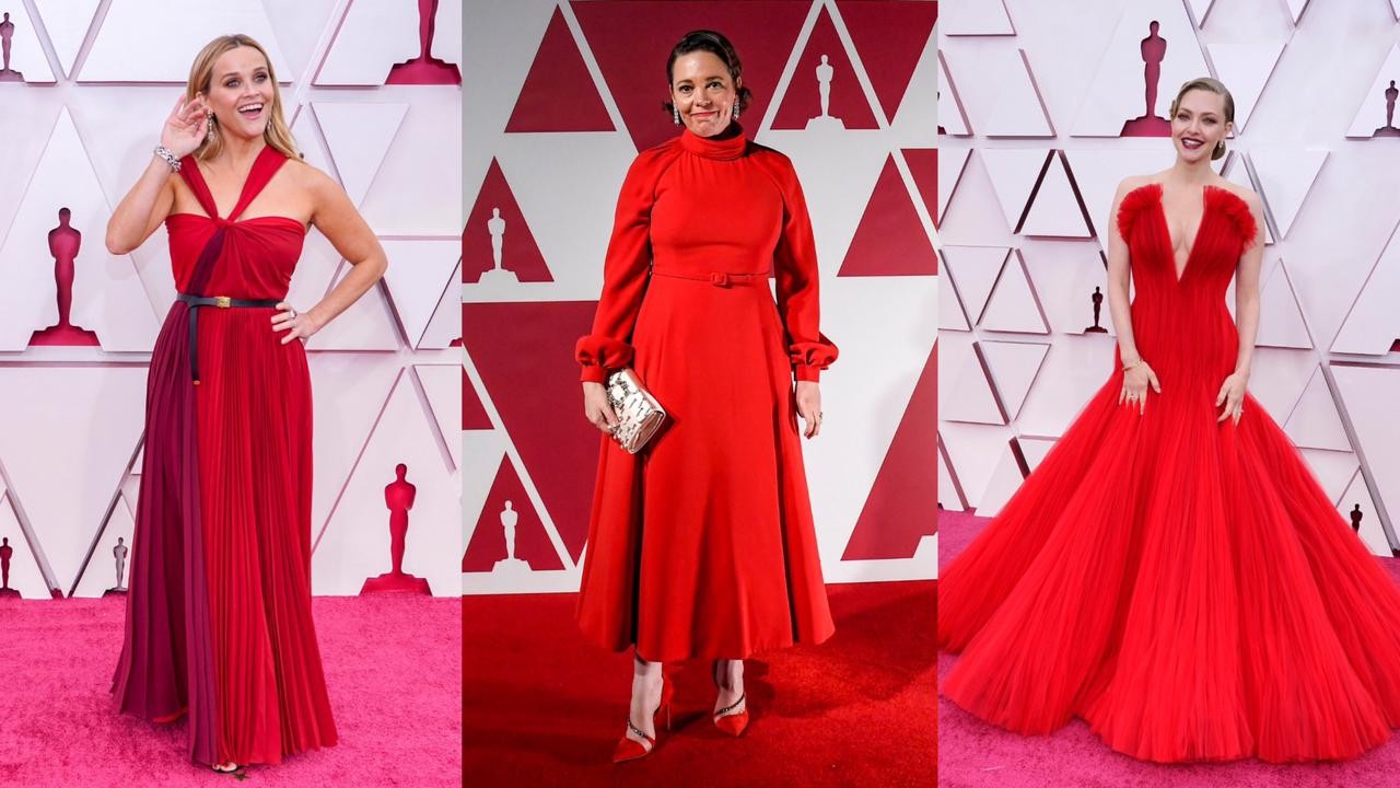 Reese Whiterspoon, Olivia Colman e Amanda Seyfried usam vermelho no red carpet do Oscar 2021 (Foto: Getty Images)