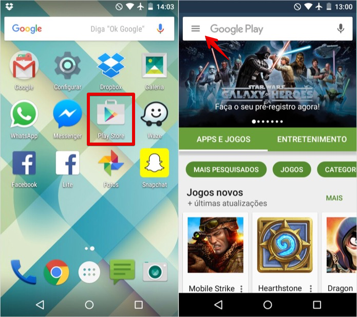 Acesse o Google Play e abra o menu do aplicativo (Foto: Reprodução/Helito Bijora) 
