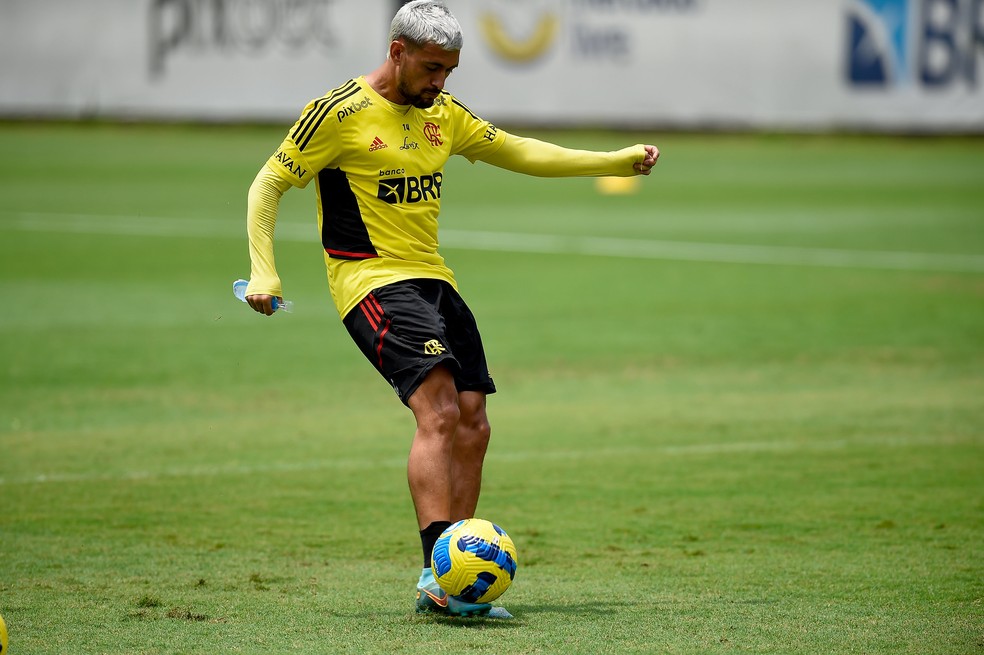 Arrascaeta participou do treino de domingo no campo &mdash; Foto: Marcelo Cortes/Flamengo