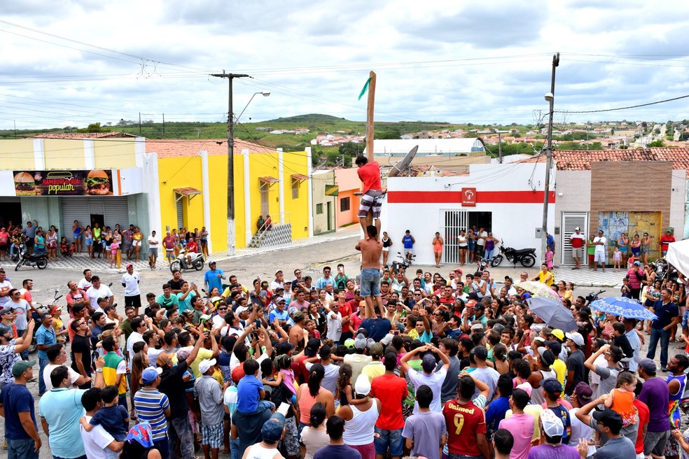 Subida no pau de sebo foi uma das atrações da festa em Campo Redondo  (Foto: Daniel Jandicleison )