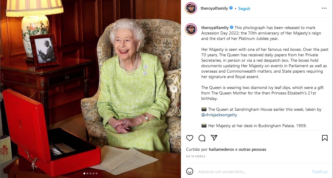 O post da Rainha Elizabeth 2ª celebrando o aniversário de 70 anos de seu reinado (Foto: Instagram)