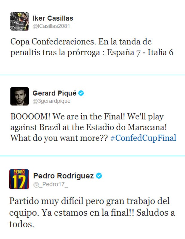 Post Twitter Espanha - Casillas Piqué Pedro (Foto: Reprodução/Twitter)