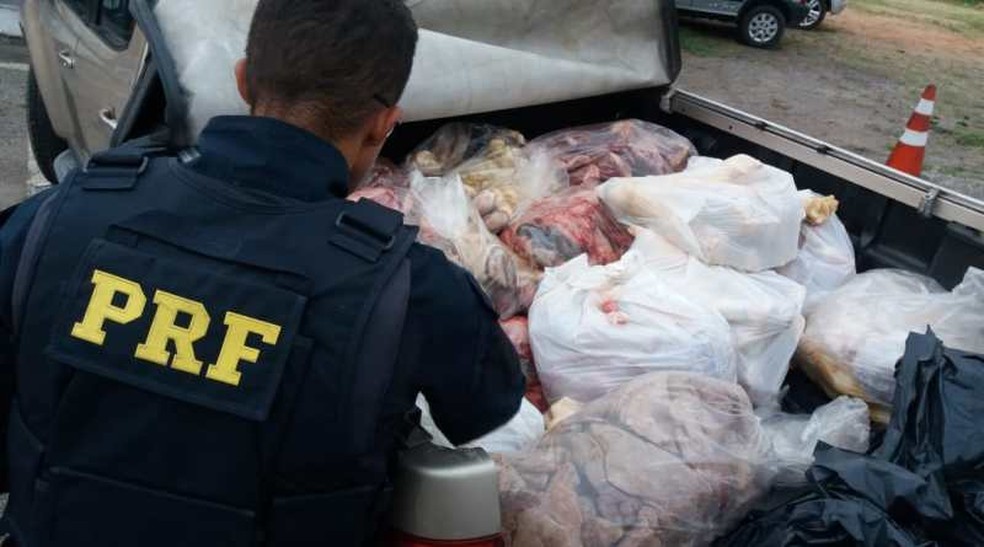 Homem Ã© flagrado com  cerca de 700 kg de carne em caminhonete sem refrigeraÃ§Ã£o no sudoeste da Bahia â Foto: DivulgaÃ§Ã£o/PRF