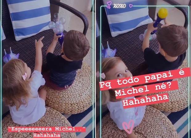 Melinda e Teodoro se divertem com brinquedos e chamam super-herói de Michel, o nome do pai (Foto:  Reprodução / Instagram)