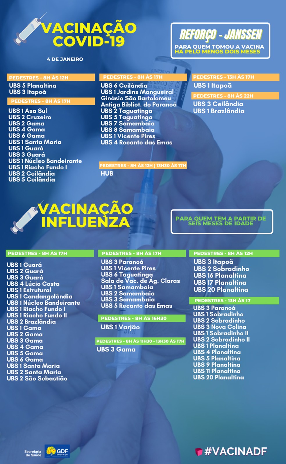 Pontos de vacinação contra Covid-19 e Influenza nesta terça-feira (4), no DF — Foto: SES-DF/Reprodução