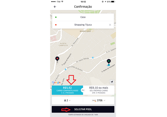 Escolha da opção de carro compartilhado para o UberPool (Foto: Reprodução/AlineJesus)
