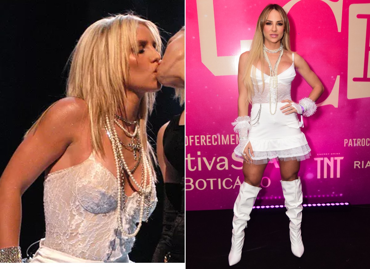 Gabi Martins chegou na festa usando fantasia inspirada no look de Britney Spears para o VMA de 2003, em que a cantora deu o famoso beijo de língua em Madonna (Foto: Getty Images e Leo Franco e Bruno Ulivieri/ Agnews)