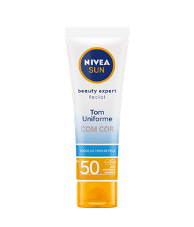Protetor Solar Facial Tom Uniforme Com Cor, FPS 50, NIVEA SUN, R$ 49,99 (50 ml) - Sua fórmula contém ativos que possibilitam uma pigmentação suave. Graças a isso, além de alta fotoproteção, o produto oferece uma cobertura natural e uniforme. Para todos os tipos de pele.