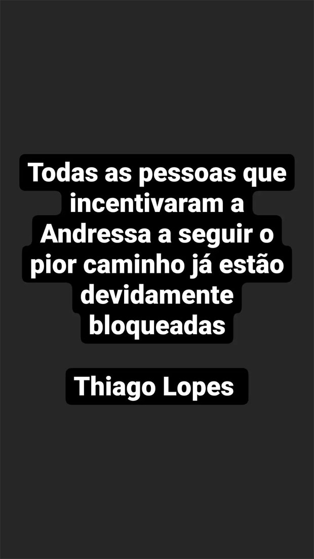 Thiago Lopes assume Instagram de Andressa Urach e fala sobre bloqueio de pessoas (Foto: Reprodução / Instagram)